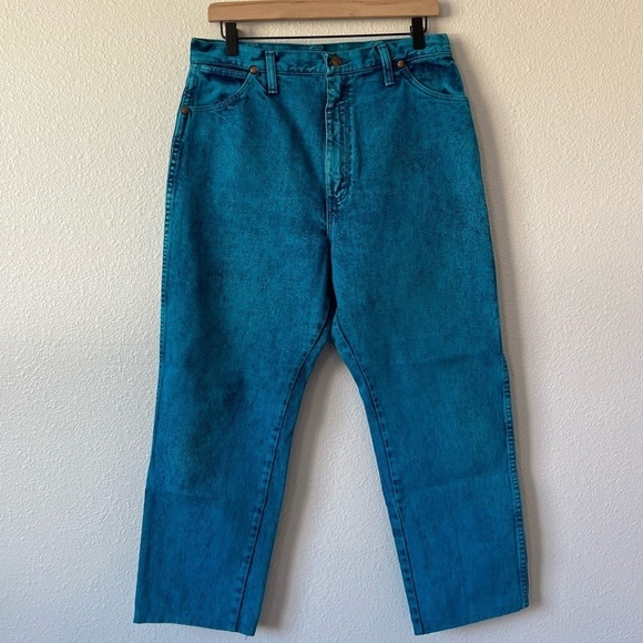 Rare Vintage Wrangler Teal Acid Wash Straight Leg High Rise Jeans- Size 15 - Picture 10 of 12